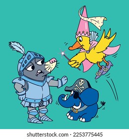 Cute animals wear warrior and fairy uniform illustration with pirate elephant design