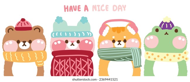 Cute animals wear winter and autumn clothing.Cartoon character design.Image for card,poster,baby clothing.Bear,rabbit,cat,frog hand drawn.Merry christmas.Kawaii.Vector.Illustration.