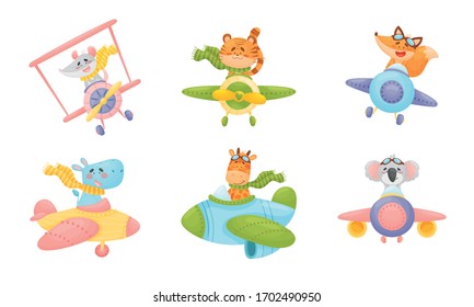 Cute Animals Wearing Aviator Goggles Flying an Airplane with Scarf Fluttering Behind Vector Set