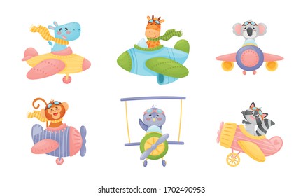 Cute Animals Wearing Aviator Goggles Flying An Airplane With Scarf Fluttering Behind Vector Set