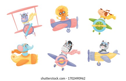 Cute Animals Wearing Aviator Goggles Flying An Airplane With Scarf Fluttering Behind Vector Set