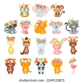Cute Animals Wearing Blooming Flower Wreath on Their Head Big Vector Set