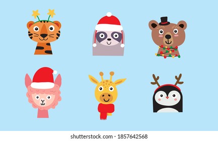 Cute animals wearing Christmas accessories. Colorful characters - bear, giraffe, sloth, alpaca, tiger, penguin