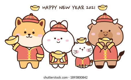 Cute animals wearing costume hold gold money in happy chinese new year concept.2021.Ox zodiac.Shiba inu dog,rabbit,cow,cat hand drawn.Kid graphic cartoon design.Banner.Card.Vector.Illustration.