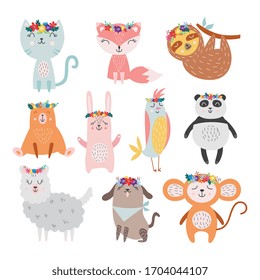 Cute animals wearing floral wreaths - isolated baby animal set with flower crowns smiling with closed eyes. Adorable collection of children's toys - flat vector illustration