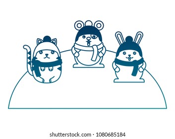 cute animals wearing hat and scarf cartoon kawaii