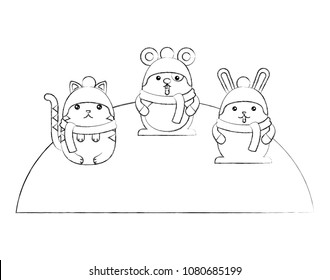 cute animals wearing hat and scarf cartoon kawaii