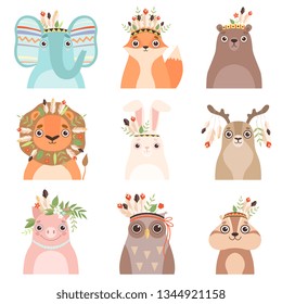 Cute Animals Wearing Headdress with Feathers, Leaves and Flowers Set, Elephant, Fox, Bear, Lion, Hare, Deer, PIg, Owl, Woodchuck in Feathered Headgears Vector Illustration