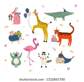 Animales con sombreros de fiesta con pasteles de cumpleaños y cajas de regalo, conejito, jirafa, cocodrilo, tigre, koala, mapache, flamenco, personajes de peluche para la ilustración del vector de diseño de cumpleaños