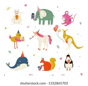 Cute Animals Wearing Party Hats with Birthday Cakes and Gift Boxes Set, Cute Cat, Elephant, Mouse, Chicken, Kangaroo, Whale, Squirrel, Penguin Characters for Happy Birthday Design Vector Illustration