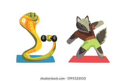 Cute Animals Wild Animals Doing Sports Set, Snake Exercising with Dumbbell and Raccoon Doing Side Bend Stretch Cartoon Vector Illustration