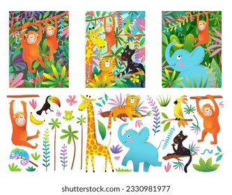 Cute Animals in Wild Jungle Greeting Cards, Poster and Clip Art Illustration Collection. Elephant, tiger, giraffe and monkey safari characters in forest for kids. Cute wild animals vector cartoons.