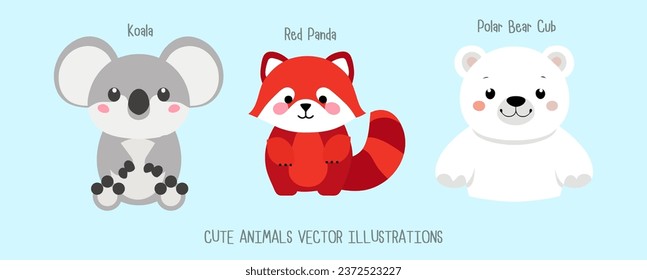 Cute animals wildlife character vector illustrations koala red panda polar bear zoo design for kid 