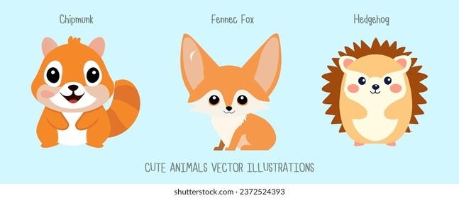 Cute animals wildlife character vector illustrations chip munk fennec fox Hedgehog  zoo design for kid 