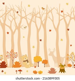 Cute animals wildlife on autumn forest seamless pattern design for wallpaper,fashion,fabric,textile,kid product and all print,vector illustration