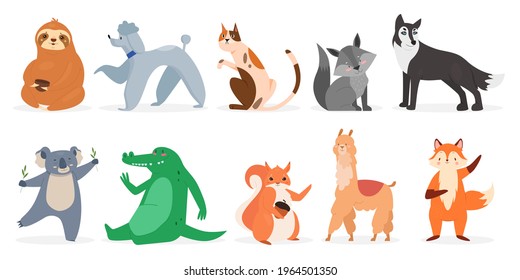 Cute animals, wildlife vector illustration set. Cartoon wild funny animal and domestic pet characters collection with forest sloth fox koala squirrel llama crocodile, dog and cat pet isolated on white