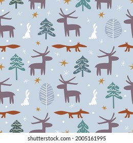 Cute animals in winter cartoon forest. Children vector illustration. Seamless pattern. Design for wallpaper, textile.