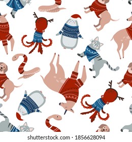 Cute animals in winter clothes. New year's animals. Vector illustration. New year's Seamless pattern