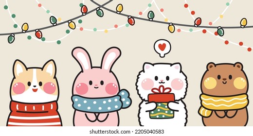 Cute animals in winter concept banner.Happy new year.Merry christmas.Corgi,rabbit,cat,bear hand drawn.Isolated.Vector.Illustration.Kawaii.