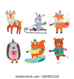 Cute animals in winter. Winter fun. Vector illustration.