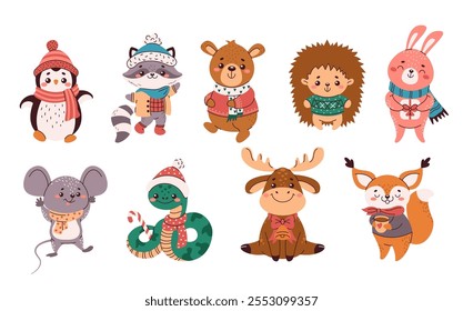 Cute animals in winter outfits flat color vector objects set. Symbols of Christmas and New Year illustrations bundle on white background