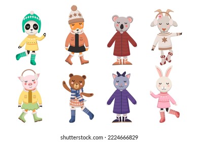 Cute animals in winter outwear clothes vector set  Cartoon illustration set animals and closed eyes wearing winter clothes   accessories isolated white background  Animal  childhood concept 