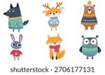 Cute animals in winter sweaters, hats, and scarves: a fox, a bear, a wolf, a deer, a hare, and an owl. A set of flat vector illustrations on a white background. 