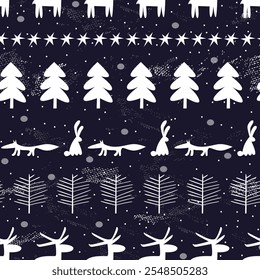 Cute animals and winter trees on dark background.  Vector illustration. Seamless pattern. 