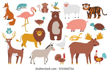 Cute animals. Wood, farm and jungle animals, fox, lion, bear, elk, deer, tiger and ship. Wild forest fauna animals cartoon vector illustration set. Deer and fox, snake and elk, duck and turtle