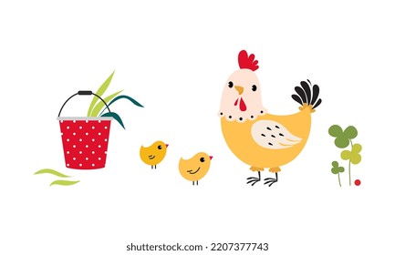 Cute animals working on farm set. Adorable hen with chickens cartoon vector illustration