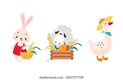 Animales pequeños que trabajan en un conjunto de granjas. Lechuga, oveja y ganso adorables de verduras de cosecha cartográfica de vectores