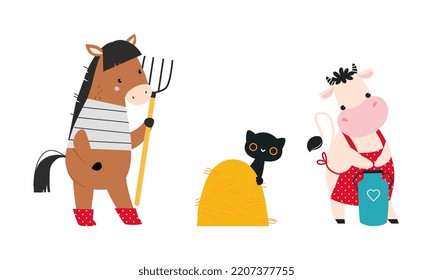 Cute animals working on farm set. Adorable horse, kitten and calf with farming equipment cartoon vector illustration