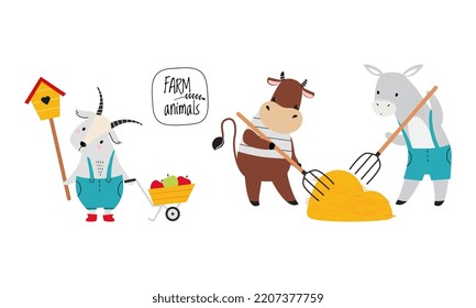 Cute animals working on farm set. Adorable goatling holding birdhouse, calf and donkey stacking hay with pitchforks cartoon vector illustration