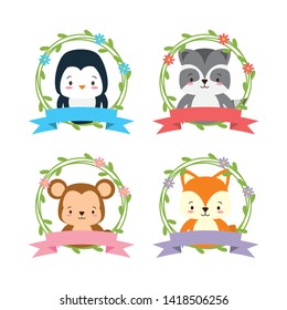 cute animals wreath flower decoration set vector illustration