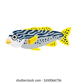 Cute animals - yellow banded sweetlips fish. Illustrations for children. Baby Shower card. Cartoon character tropical fish isolated on white background. Coral reef underwater animal wildlife