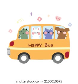 Cute animals with yellow bus.Crocodile,rabbit,cat,dog cartoon hand drawn.Isolated.Kawaii.Vector.Illustration.