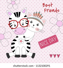 Cute animals zebra and cat best friends. Happy friendship day. Kids graphics for t-shirts. Greeting card.