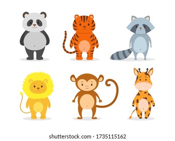 Cute animals from zoo flat icon set. Cartoon baby lion, panda, tiger, monkey, giraffe and raccoon isolated vector illustration collection. Wild animals, zoo and safari park concept