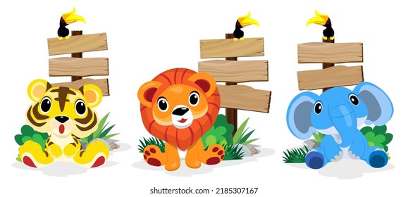Animales bonitos en Zoo, Placards y banner en zoológicos Diseño para banner, diseño, reporte anual, web, volante, folleto, y anuncio. Ilustración vectorial de dibujos animados