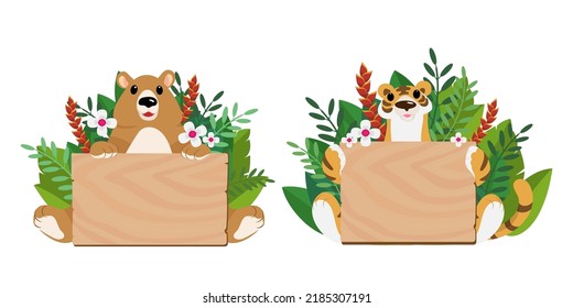 Animales bonitos en Zoo, Placards y banner en zoológicos Diseño para banner, diseño, reporte anual, web, volante, folleto, y anuncio. Ilustración vectorial de dibujos animados