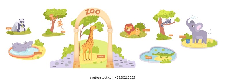 Cute animals in zoo set vector illustration. Cartoon isolated funny scenes in park entrance, pool and tropical green lawns with giraffe lion crocodile elephant raccoon monkey hippo panda animals