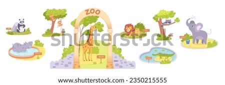 Cute animals in zoo set vector illustration. Cartoon isolated funny scenes in park entrance, pool and tropical green lawns with giraffe lion crocodile elephant raccoon monkey hippo panda animals