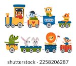Cute animals zoo train. Children animal safari transport, cartoon lion bear fox. Baby wild characters, tale funny party decoration classy vector template