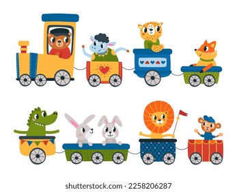 Cute animals zoo train. Children animal safari transport, cartoon lion bear fox. Baby wild characters, tale funny party decoration classy vector template