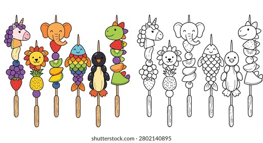 Cute animal-shaped fruit kabobs set with a coloring page version for kids' activities and healthy food education.