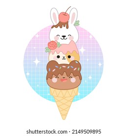 Cute animal-shaped ice cream with icing, flower and cherry. Rabbit, cat, bear. On a brilliant pink-turquoise background.