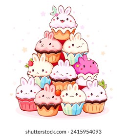 Cute animal-shaped sweet desserts in kawaii style with smiling face and pink cheeks. Bunny-shaped cake, muffin and cupcake with whipped cream and berry. Vector illustration EPS8