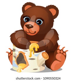 Cute animated brown bear smiling and eating honey isolated on white background. Vector cartoon close-up illustration.