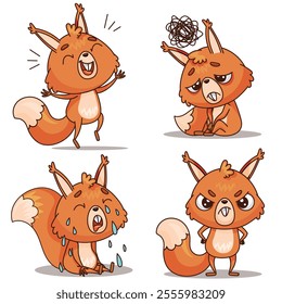 A cute animated cartoon squirrel is showcasing four distinct emotions joy, sadness, frustration, and anger vividly