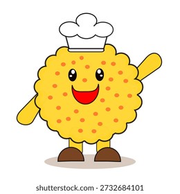 Una linda ilustración de galletas animadas como chef, con un sombrero y delantal de chef con una expresión alegre y adorable. El estilo visual lúdico y los colores suaves crean una atmósfera cálida, divertida y creativa, perfecta para el contenido infantil, las pegatinas o los diseños lindos de temática culinaria
